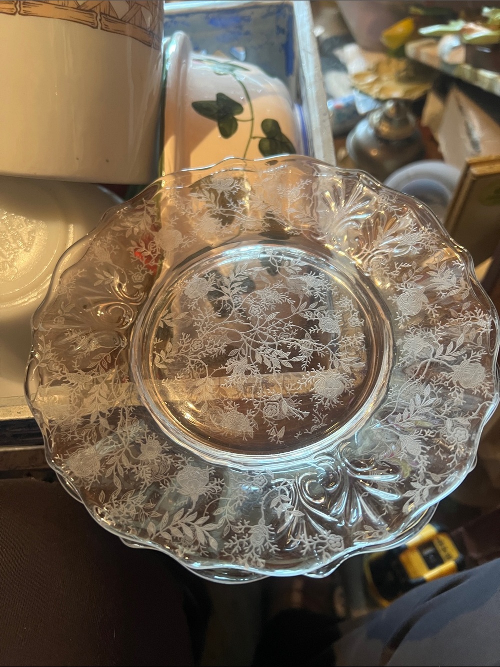 Vintage Glass Floral Etched Dessert Plate - Clear